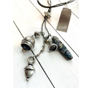 J. JILL Boho Silver Dangle Pendant Necklace With Charms & Polished Stone